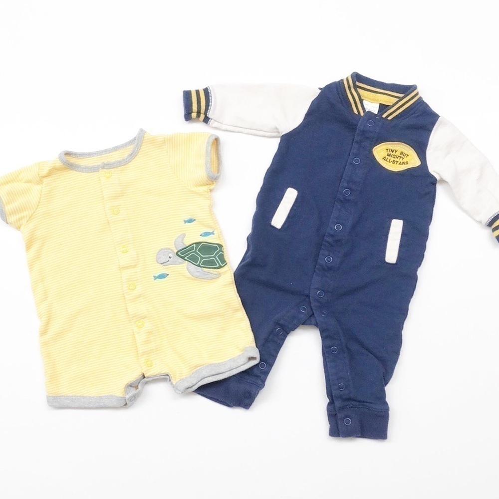 Carter's All-Stars letterman jacket jumpsuit + turtle striped baby romper
